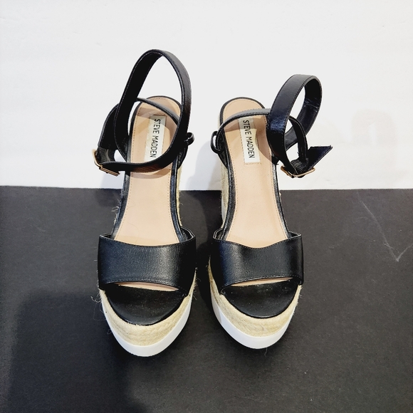 Steve  madden  black  espadrille  wedge platform leather sandals size 8 - Picture 10 of 10